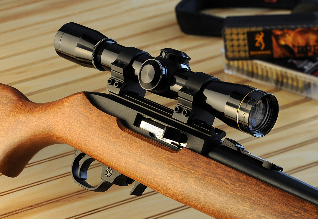 This is the Ruger Model 10/22 Carbine topped off with a Leupold 4-28mm Rimfire scope. A shooter could not ask for a better combination for hunting, target shooting or plinking.